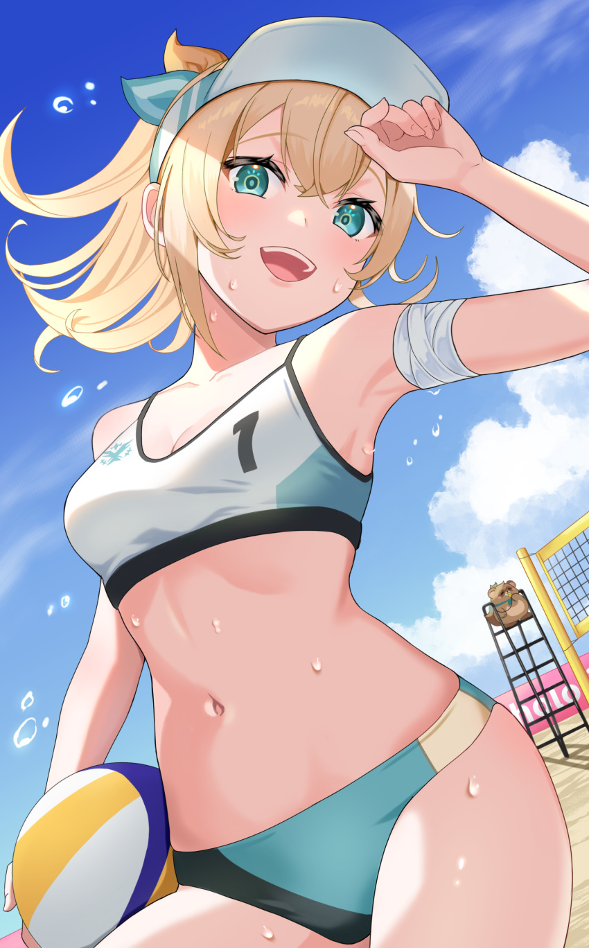 1girl :d absurdres arm_up ball bandaged_arm bandages beach beach_volleyball bikini blonde_hair blue_eyes blue_sky breasts cloud commentary_request highres holding holding_ball hololive kazama_iroha long_hair looking_at_viewer multicolored_bikini multicolored_clothes navel open_mouth outdoors pokobee ponytail sable_mint sky small_breasts smile solo sports_bikini sportswear sweat swimsuit teeth upper_teeth_only virtual_youtuber visor_cap volleyball volleyball_net