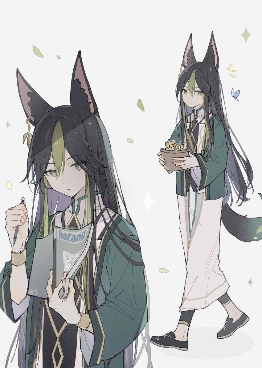 1boy alternate_hair_length alternate_hairstyle androgynous animal_ears black_hair blue_butterfly book bug butterfly closed_mouth earrings flower fox_boy fox_ears fox_tail genshin_impact green_eyes green_hair highres holding holding_book holding_flower_pot holding_pen jewelry long_hair long_sleeves male_focus multicolored_hair open_book pen solo tail tighnari_(genshin_impact) white_background yellow_flower yue_(shemika98425261)