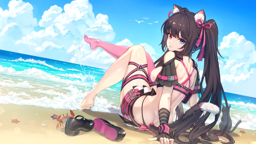 1girl absurdres animal animal_ear_fluff animal_ears arm_support back backless_outfit baek_hyang bare_back bare_legs beach belt bikini bikini_under_clothes black_bikini black_cat black_gloves black_hair black_skirt blue_eyes breasts butt_crack cat cat_ears cat_girl cat_tail closed_mouth clothing_cutout cloud crab crop_top day expressionless feet fingerless_gloves from_behind gloves goddess_of_victory:_nikke hair_ribbon heterochromia highres knees_up leg_up legs long_hair looking_at_viewer looking_back mary_janes median_furrow medium_breasts microskirt midriff nero_(nikke) outdoors pink_thighhighs pleated_skirt red_eyes revealing_clothes ribbon shoes shoes_removed short_sleeves shoulder_cutout sideboob single_thighhigh sitting skirt solo string_bikini striped striped_gloves swimsuit tail thigh_strap thighhighs thighs very_long_hair water wet wrist_cuffs