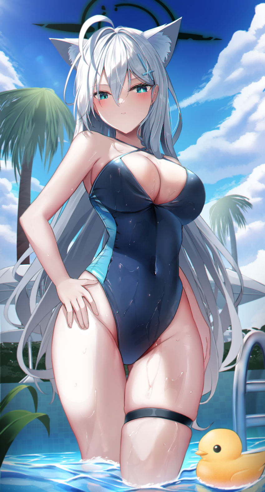 1girl absurdres ahoge animal_ears blue_archive blue_eyes blue_one-piece_swimsuit blue_sky blush closed_mouth cloud competition_swimsuit cowboy_shot cross_hair_ornament day grey_hair hair_ornament highleg highres li_se looking_at_viewer mismatched_pupils one-piece_swimsuit outdoors palm_tree pool revision rubber_duck shiroko_(blue_archive) shiroko_(terror)_(blue_archive) skindentation sky solo swimsuit thigh_strap thighs tree wading water wet wolf_ears wolf_girl