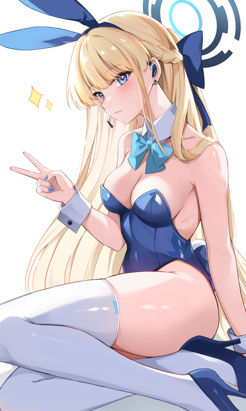1girl absurdres animal_ears bare_shoulders blonde_hair blue_archive blue_bow blue_eyes blue_hairband blue_leotard bow braid breasts commentary_request covered_navel ear_piercing earpiece fake_animal_ears hairband halo hand_up high_heels highleg highleg_leotard highres konka leotard long_hair microphone official_alternate_costume official_alternate_hairstyle piercing playboy_bunny rabbit_ears sitting thighhighs thighs toki_(blue_archive) toki_(bunny)_(blue_archive) v very_long_hair white_thighhighs wrist_cuffs