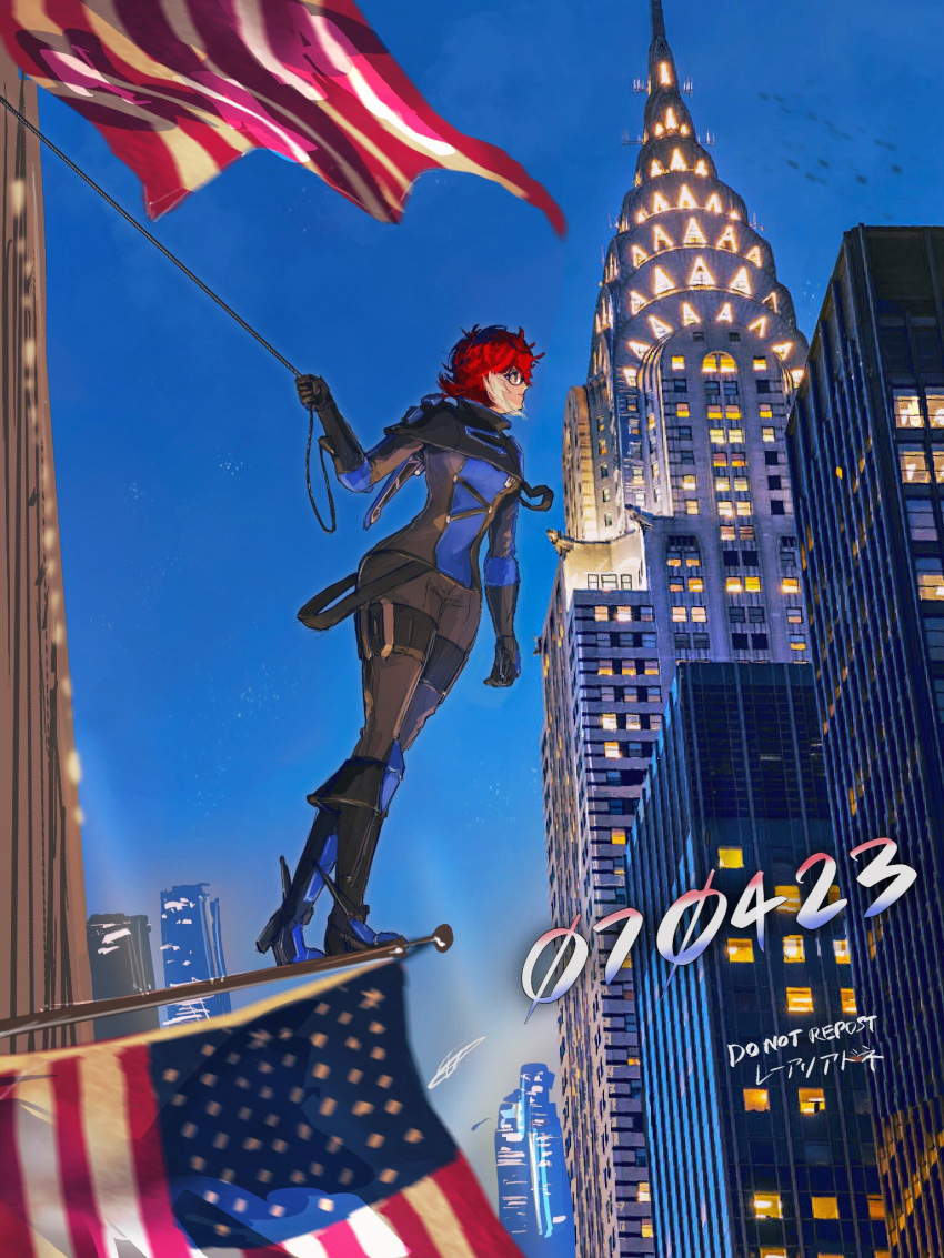 1girl american_flag artist_name black_footwear black_jacket black_pants blue_jacket boots chrysler_building dated flag fourth_of_july glasses highres jacket multicolored_clothes multicolored_hair multicolored_jacket new_york original pants rae_ariadne red_hair signature sky smile streaked_hair two-tone_jacket white_hair