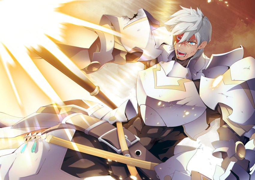 1boy abs armor bangs battle_damage black_bodysuit blood blood_on_face blue_eyes bodysuit covered_abs fate/grand_order fate_(series) gamiani_zero highres holding holding_polearm holding_weapon looking_ahead male_focus muscular muscular_male open_mouth percival_(fate) polearm short_hair solo sparks veins weapon white_hair