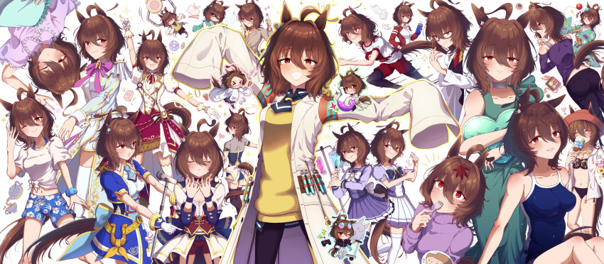 1girl absurdres agnes_tachyon_(umamusume) ahoge alternate_costume animal_ears arms_up bandolier bare_shoulders bespectacled bikini black_necktie black_pantyhose black_thighhighs blowing_kiss blue_shorts breasts brown_hair carrot chabo_24 character_doll chibi coat commentary_request corked_bottle cowboy_shot earrings eyewear_on_head fork gaze_on_me!_outfit_(umamusume) glasses grin happy_birthday highres holding holding_fork horse_ears horse_girl horse_tail intravenous_drip iv_stand jewelry lab_coat looking_at_viewer medium_breasts medium_hair midriff mixed-language_commentary multiple_views navel necktie official_alternate_costume original_race_uniform_(umamusume) pajamas pantyhose purple_pajamas purple_shirt purple_skirt purple_sweater race_bib red_eyes red_shorts running school_uniform scrunchie serafuku shirt shorts single_earring skirt sleeves_past_fingers sleeves_past_wrists smile sunglasses sweater sweater_vest swimsuit tail tail_through_clothes test_tube thighhighs tracen_school_uniform tracen_training_uniform umamusume volumetric_flask white_coat white_skirt wrist_scrunchie yellow_sweater_vest