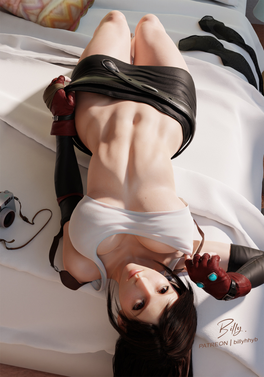 1girl 3d bed billyhhyb black_hair breasts cleavage clothes_lift clothes_pull clothes_tug crop_top elbow_gloves final_fantasy final_fantasy_vii fingerless_gloves gloves highres looking_at_viewer lying materia miniskirt navel no_bra on_back shirt_lift skirt skirt_pull solo stomach suspenders tank_top tifa_lockhart toned