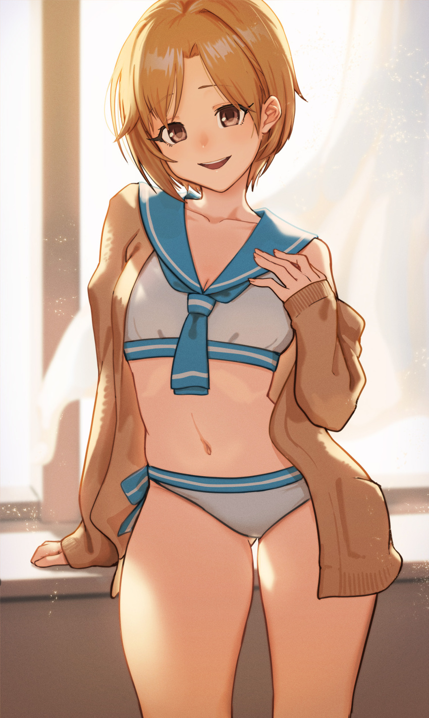1girl absurdres aiba_yumi alternate_costume arm_support ass_visible_through_thighs batayu blonde_hair blush breasts brown_cardigan cardigan cleavage collarbone feet_out_of_frame hand_on_own_chest highres idolmaster idolmaster_cinderella_girls looking_at_viewer medium_breasts navel sailor_bikini sailor_collar sailor_swimsuit_(idolmaster) short_hair smile solo stomach