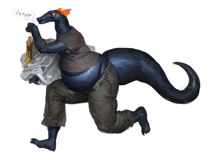 anthro barefoot belly black_body black_skin bottomwear cettus clothed clothing dragon feet frill_(anatomy) fritjof frown hi_res holding_object looking_back male orange_eyes overweight overweight_male painting_(object) pants running shirt side_view simple_background solo stealing tail topwear white_background