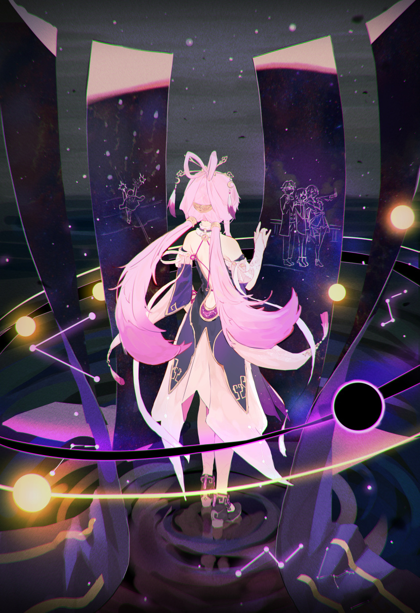 1boy 4girls absurdres backless_dress backless_outfit bare_shoulders black_footwear black_sun bow-shaped_hair bridal_gauntlets constellation constellation_print detached_sleeves dress fishofthelakes from_behind fu_xuan_(honkai:_star_rail) gloves hair_ornament hair_rings hair_stick highres honkai:_star_rail honkai_(series) jewelry kafka_(honkai:_star_rail) long_hair low_twintails march_7th_(honkai:_star_rail) multiple_girls pantyhose pink_hair pink_tassel purple_rope rope solo_focus stelle_(honkai:_star_rail) sun tassel tassel_hair_ornament trailblazer_(honkai:_star_rail) twintails very_long_hair welt_yang white_gloves white_pantyhose