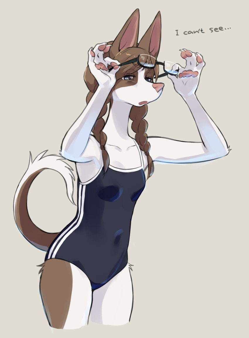 2023 5_fingers anthro braided_hair braided_pigtails breasts brown_body brown_fur brown_hair canid canine canis claws clothed clothed_anthro clothed_female clothing digital_media_(artwork) domestic_dog english_text eyewear female female_anthro finger_claws fingers fur glasses hair hi_res inukoro_(kikurage) kemono kikurage mammal multicolored_body multicolored_fur one-piece_swimsuit pawpads pigtails pink_nose portrait small_breasts solo swimwear tail text three-quarter_portrait two_tone_body two_tone_fur white_body white_fur