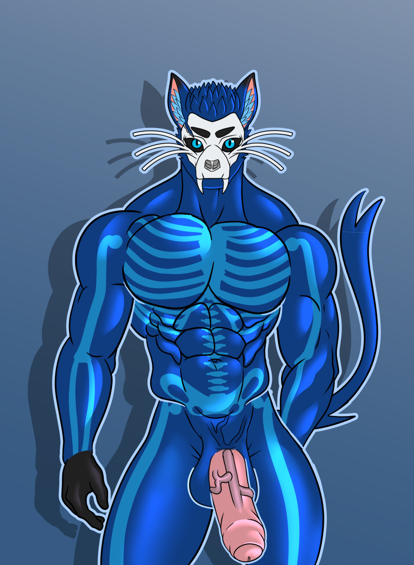 abs absurd_res anthro balls big_penis black_hands blue_background blue_body blue_eyes blue_fur fangs felid feline fur genitals hi_res humanityisdoomed looking_at_viewer male mammal markings mask muscular muscular_male nipples nude penis simple_background skeleton_(marking) skull_mask skullcat_(sar) solo tail teeth vein veiny_penis whiskers