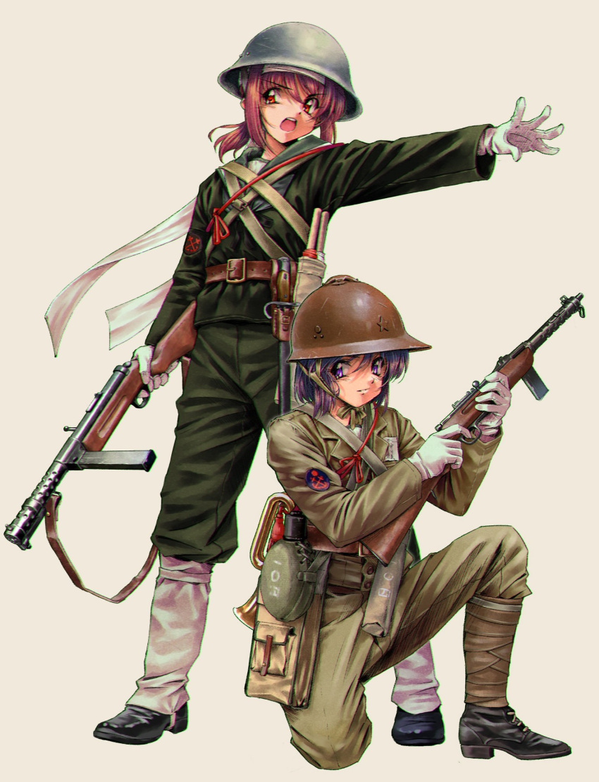 1990s_(style) 2girls bugle gaiters gloves gun headband helmet highres imperial_japanese_navy instrument load_bearing_equipment longmei_er_de_tuzi mp18 multiple_girls original puttee retro_artstyle sailor_collar strap submachine_gun weapon white_gloves world_war_ii