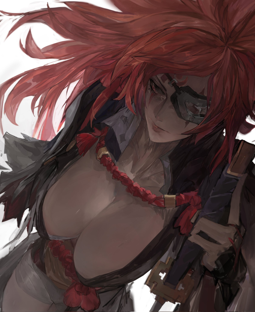 1girl amputee baiken big_hair black_kimono breasts cleavage eyepatch from_above guilty_gear guilty_gear_strive highres holding holding_sword holding_weapon huge_breasts japanese_clothes kataginu katana kimono multicolored_clothes multicolored_kimono one-eyed open_clothes open_kimono samurai scar scar_across_eye scar_on_face solo sword torn_sleeve tristan_mori weapon white_background