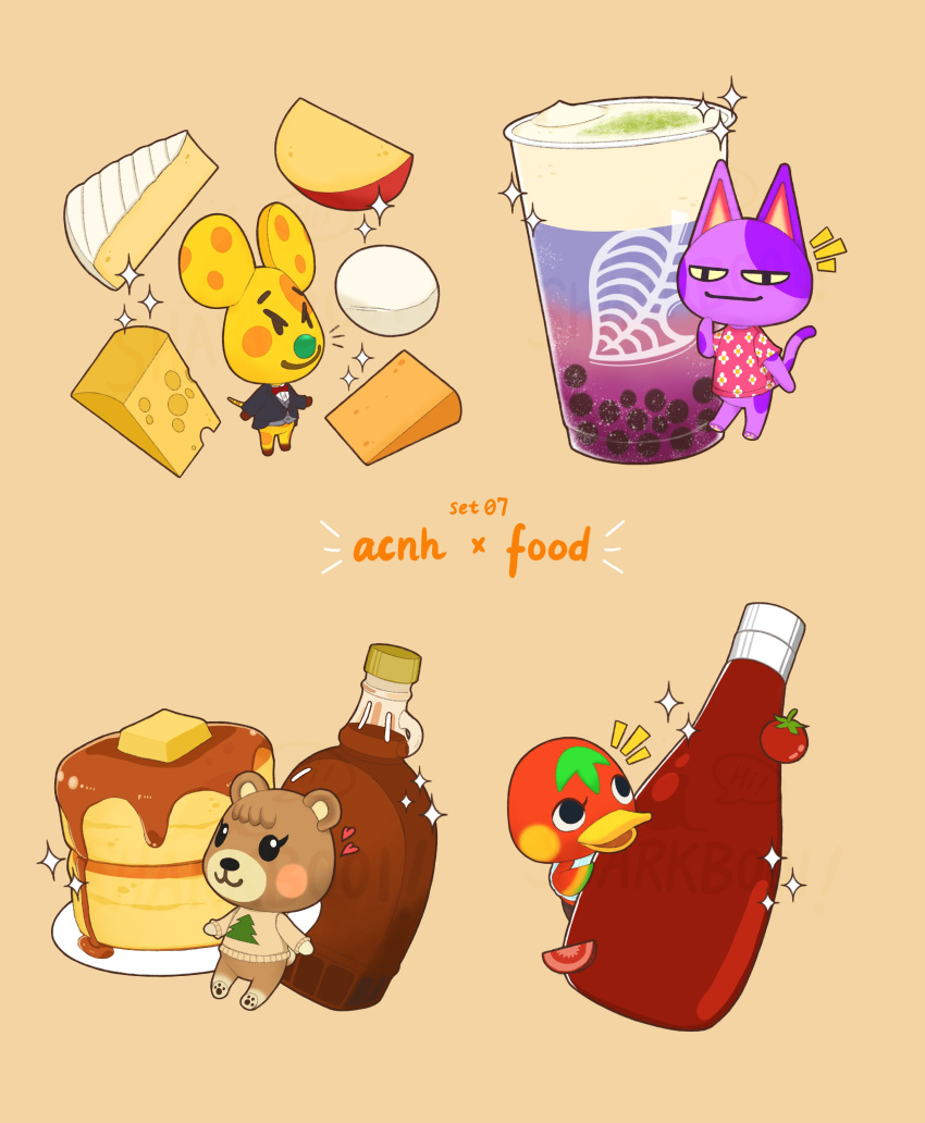 2boys 2girls :3 absurdres animal_crossing bear_girl black_eyes black_jacket blush blush_stickers bob_(animal_crossing) bottle bow bowtie brown_background brown_sweater bubble_tea butter buttons cat_boy chadder_(animal_crossing) cheese closed_mouth commentary_request cup duck_girl floral_print food food_request furry furry_female furry_male grey_vest heart highres jacket ketchup ketchup_(animal_crossing) ketchup_bottle long_sleeves maple_(animal_crossing) maple_syrup mouse_boy multiple_boys multiple_girls notice_lines open_mouth pancake pink_shirt plate print_shirt red_bow red_bowtie sharkbooi shirt short_sleeves simple_background smile souffle_pancake sparkle sweater syrup t-shirt tomato tomato_slice v-shaped_eyebrows vest white_shirt