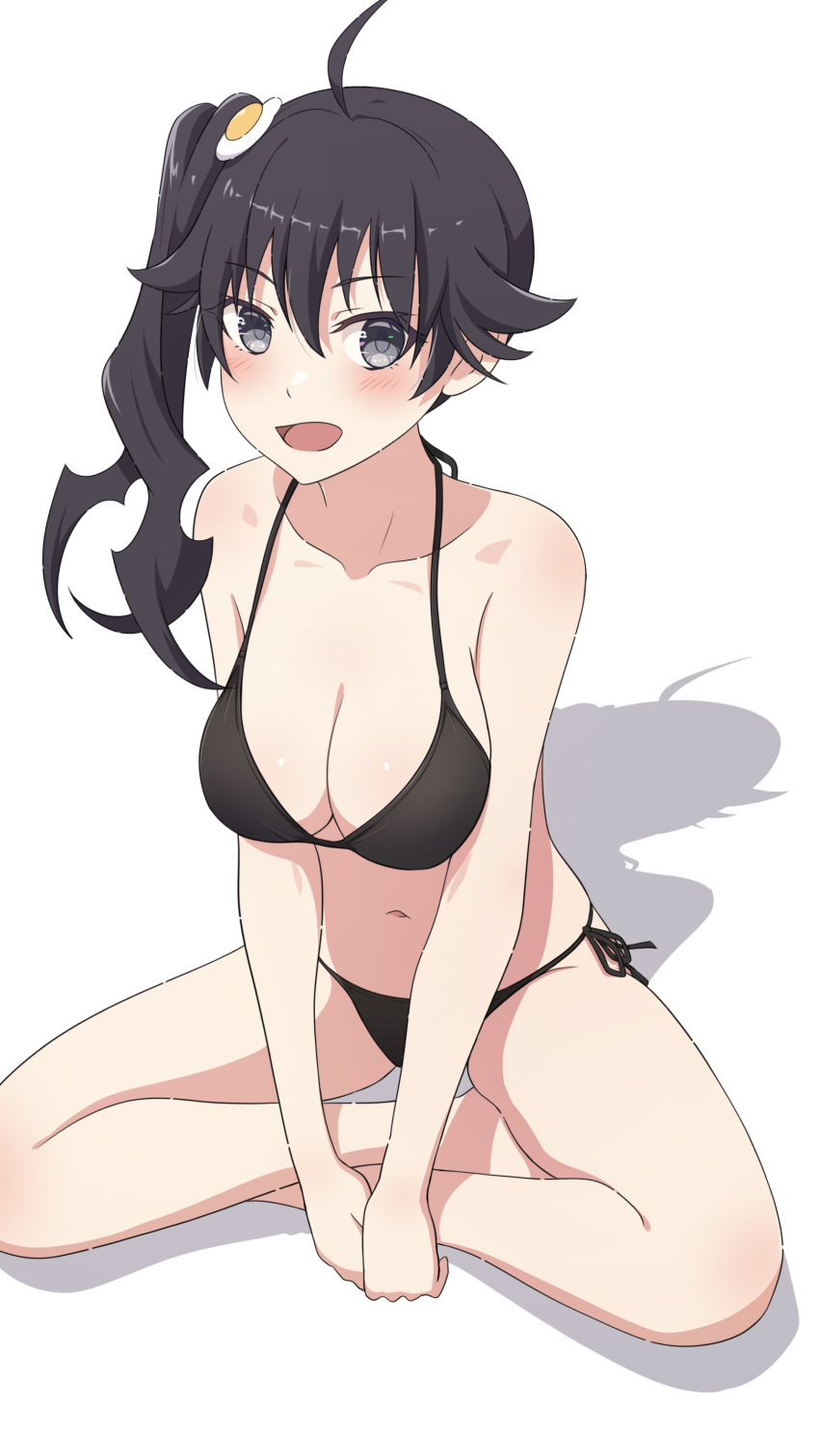 1girl absurdres ahoge araragi_karen bakemonogatari barefoot bikini black_bikini black_eyes black_hair breasts camui1104 cleavage egg_hair_ornament food-themed_hair_ornament hair_ornament highres indian_style legs long_hair medium_breasts monogatari_(series) shadow side_ponytail simple_background sitting solo swimsuit white_background