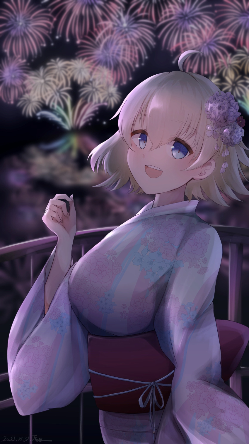 1girl absurdres aerial_fireworks ahoge azur_lane blonde_hair blue_eyes blurry blurry_background breasts fireworks floral_print flower from_side hair_between_eyes hair_flower hair_ornament highres japanese_clothes kimono large_breasts long_sleeves looking_at_viewer looking_to_the_side oklahoma_(azur_lane) open_mouth outdoors purple_flower rakuza_(ziware30) red_sash sash short_hair solo teeth upper_body upper_teeth_only wide_sleeves yukata