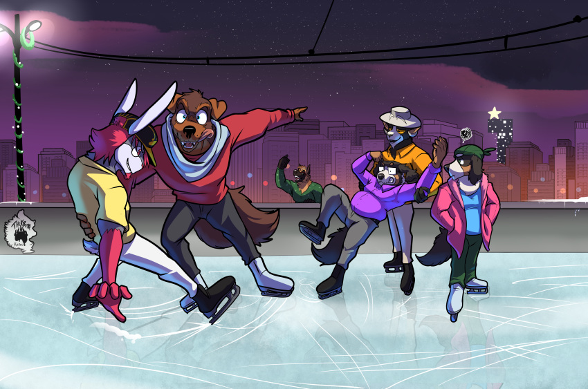 absurd_res anthro bernese_mountain_dog bovid canid canine canis caprine christmas_decorations city city_background clothing domestic_dog german_shepherd greg_shepherd gunther_caxias hat headgear headwear herding_dog hi_res holding_partner ice ice_skating ice_skating_rink jesse_bern(thekbear) johnny_bunny lagomorph leporid logan_bern_(thekbear) male male/male male_anthro mammal mastiff mixed_breed molosser mountain_dog night oswald_eastwood_(thekbear) pastoral_dog rabbit rottweiler size_difference skating snow sunglasses_on_face swiss_mountain_dog thekinkybear winter