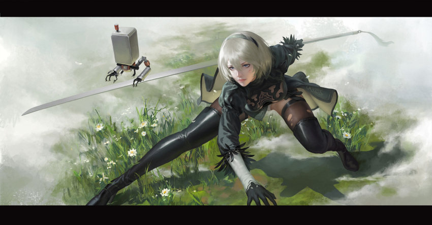 1girl 2b_(nier:automata) black_dress black_hairband breasts commentary csihan dress feather-trimmed_sleeves feather_trim hairband highres juliet_sleeves long_sleeves medium_breasts nier:automata nier_(series) no_blindfold puffy_sleeves sword thighhighs weapon white_hair