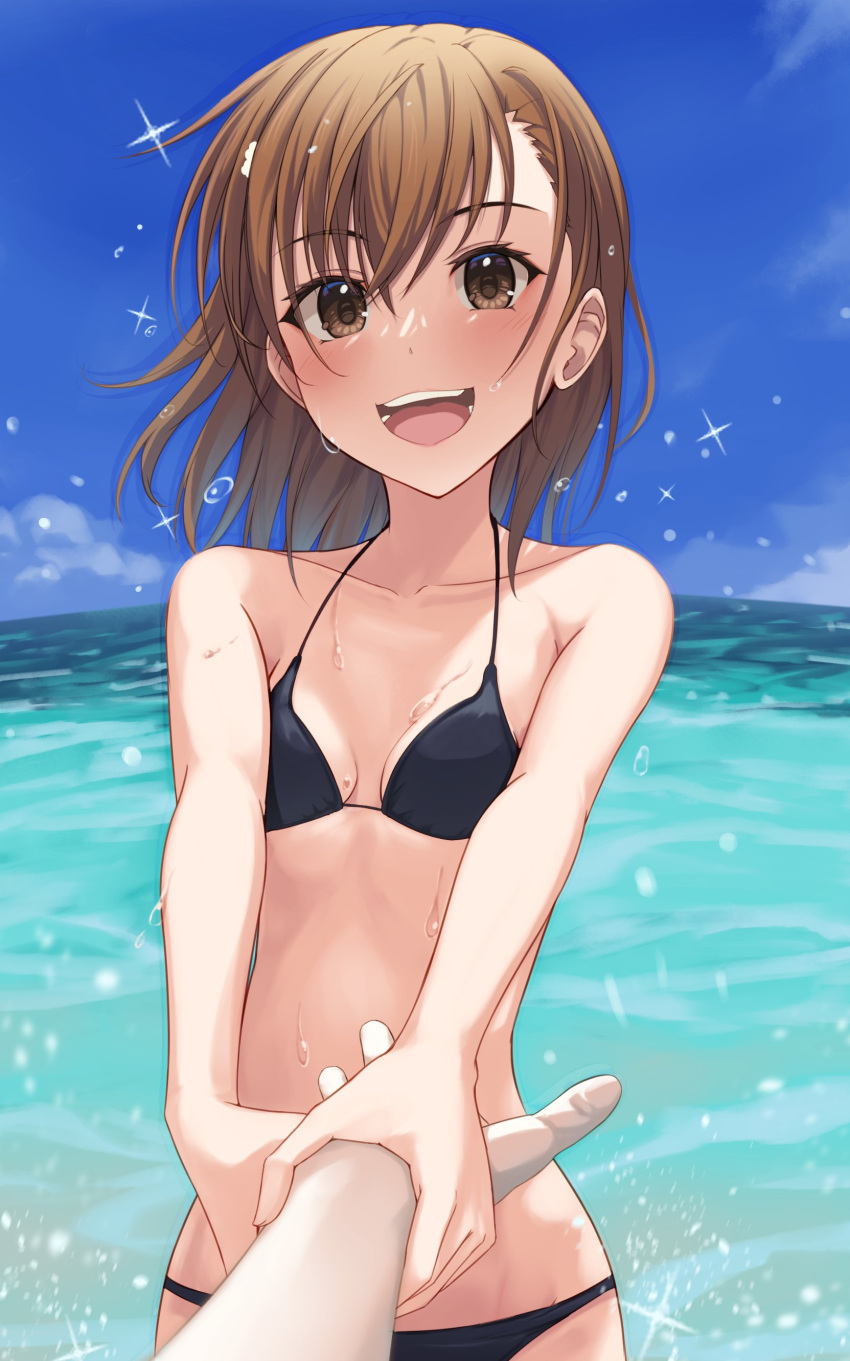 1girl absurdres bikini black_bikini blue_sky blush breasts brown_eyes brown_hair cleavage collarbone faceless faceless_male groin hair_ornament hairclip highres holding_hands k3rd looking_at_viewer misaka_mikoto ocean open_mouth parted_bangs pov short_hair sky small_breasts smile solo sparkle stomach sunlight swimsuit toaru_kagaku_no_railgun toaru_majutsu_no_index upper_body water water_drop