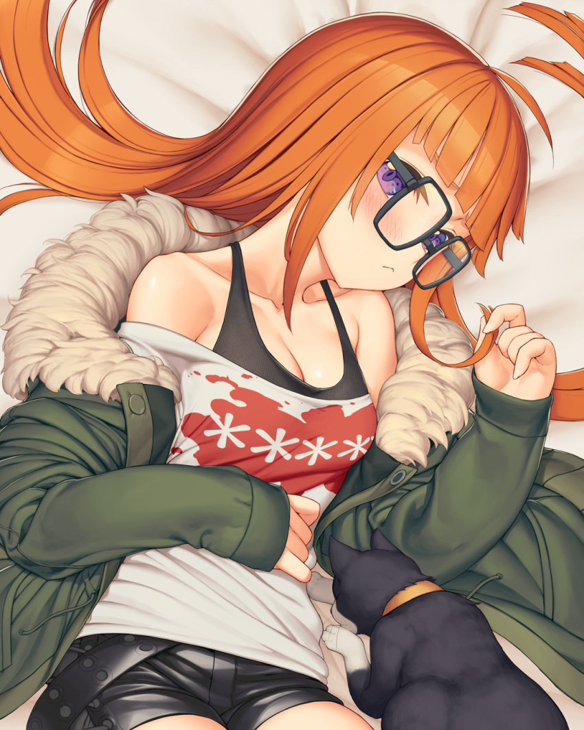 1girl :/ ahoge animal bangs bed_sheet black_shorts blunt_bangs blush breasts cat cleavage closed_mouth collarbone commentary_request dakimakura_(medium) fur-trimmed_jacket fur_trim glasses green_jacket highres jacket long_hair looking_at_viewer lying morgana_(persona_5) off-shoulder_shirt off_shoulder on_back orange_hair persona persona_5 purple_eyes rotix sakura_futaba shirt short_shorts shorts small_breasts solo white_shirt