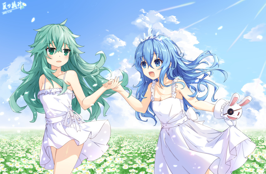 2girls absurdres bare_shoulders blue_eyes blue_hair blush breasts cleavage cloud cloudy_sky collarbone date_a_live dated day dress eyepatch falling_petals field flower flower_field green_eyes green_hair hair_between_eyes hand_puppet highres holding_hands long_hair messy_hair multiple_girls natsumi_(date_a_live) open_mouth outdoors petals puppet rabbit_puppet seventh-natsu sky sleeveless sleeveless_dress sundress tiara white_dress yoshino_(date_a_live) yoshinon