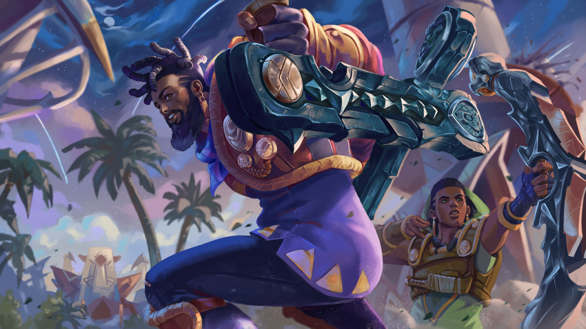 2boys battle beard black_hair bow_(weapon) brown_eyes character_request dark-skinned_male dark_skin dreadlocks dual_wielding earrings egyptian elaim facial_hair feet_out_of_frame from_below hair_tattoo highres holding holding_bow_(weapon) holding_weapon jewelry k'sante_(league_of_legends) league_of_legends male_focus mature_male multiple_boys muscular muscular_male palm_tree pants pharaoh short_hair thick_eyebrows tree turning_around turning_head very_dark_skin weapon