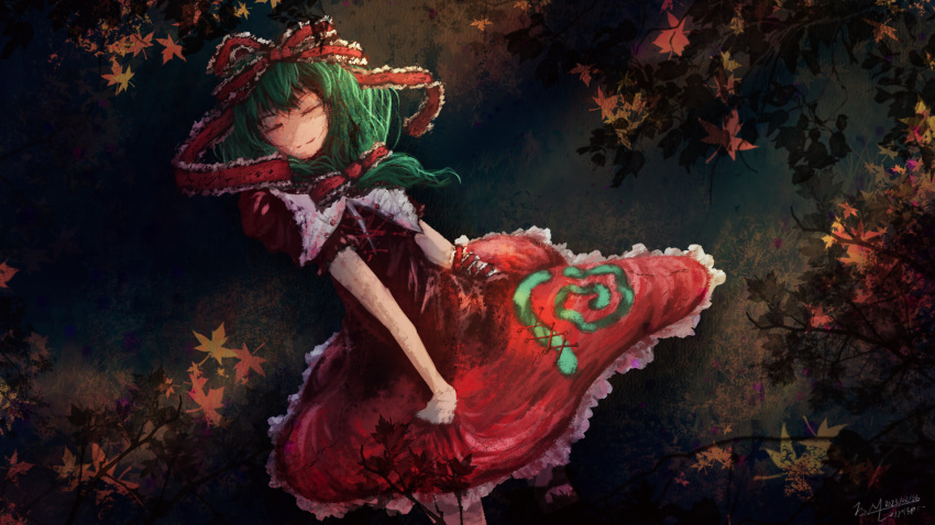 1girl artist_name autumn_leaves bow bowtie branch closed_eyes closed_mouth clothes_grab cowboy_shot dated dress facing_viewer frilled_dress frilled_ribbon frills front_ponytail green_hair hair_ribbon highres kagiyama_hina leaning_to_the_side long_dress medium_hair puffy_short_sleeves puffy_sleeves red_dress red_ribbon ribbon short_sleeves signature smile solo spinning standing touhou white_bow white_bowtie wjstpwls4 wrist_ribbon