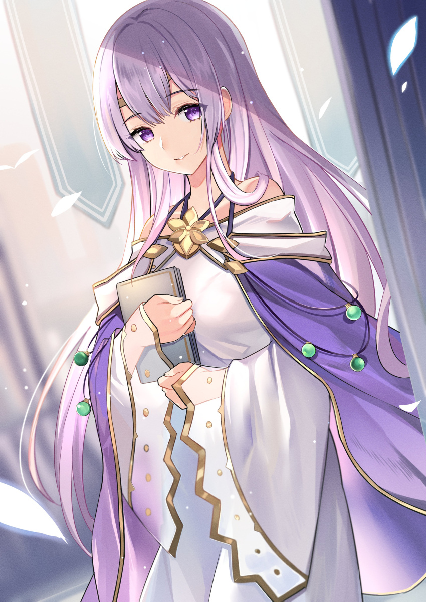 1girl absurdres bare_shoulders book book_hug breasts cape circlet dress fire_emblem fire_emblem:_genealogy_of_the_holy_war highres holding holding_book hugging_object jewelry julia_(fire_emblem) long_hair long_sleeves looking_at_viewer purple_cape purple_eyes purple_hair ry_thae smile solo wide_sleeves