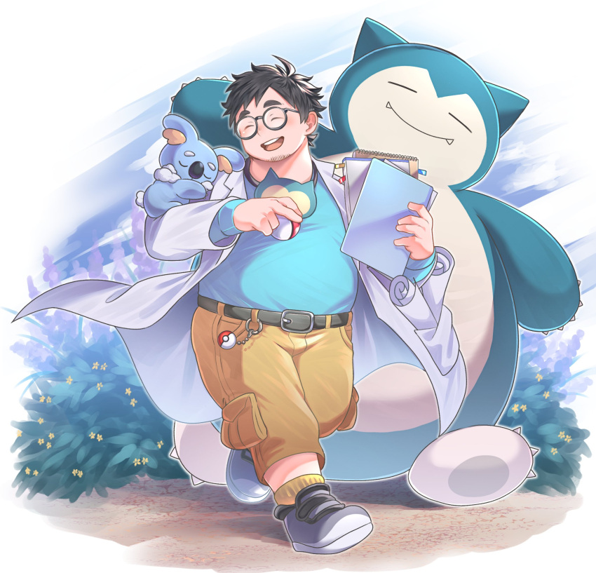 blue_shirt bush eye_mask facial_hair glasses goatee grass highres holding holding_notebook holding_poke_ball keychain komala labcoat male_focus neroli_(pokemon) notebook osu(statatatatatata) plump poke_ball pokemon pokemon_sleep shirt smile snorlax thick_eyebrows walking