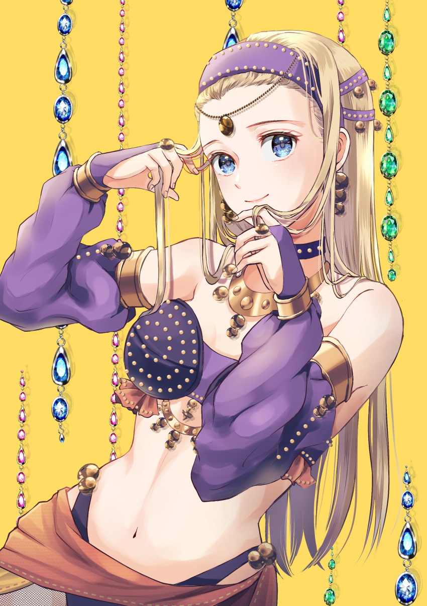 1girl absurdres blonde_hair blue_eyes breasts c-diamond dragon_quest dragon_quest_xi highres jewelry long_hair medium_breasts navel senya_(dq11) simple_background smile yellow_background