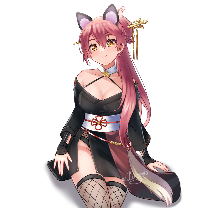 1girl absurdres animal_ears artist_name black_kimono blush breasts commentary double-parted_bangs eiyuu_densetsu fake_animal_ears hair_between_eyes hair_bun hair_ornament hairpin half_updo highres japanese_clothes kimono laicynia large_breasts long_hair official_alternate_costume pink_hair ponytail sara_valestein sen_no_kiseki simple_background sitting smile solo thighhighs thighs twitter_username white_background yellow_eyes
