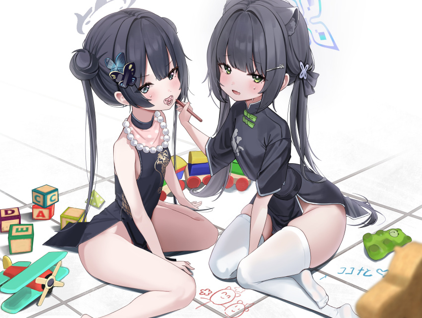 2girls absurdres animal_ears arm_support ass bib black_dress black_hair blue_archive blunt_bangs butterfly_hair_ornament china_dress chinese_clothes commentary_request double_bun dress green_eyes grey_eyes groin hair_between_eyes hair_bun hair_ornament halo highres kisaki_(blue_archive) leaning_forward long_hair looking_at_viewer multiple_girls pacifier pelvic_curtain short_sleeves shun_(blue_archive) shun_(small)_(blue_archive) side_slit sidelocks simple_background sitting sleeveless stuffed_animal stuffed_toy teddy_bear thighhighs tiger_ears tiger_girl toy toy_airplane translation_request twintails wariza white_background white_thighhighs whitebc