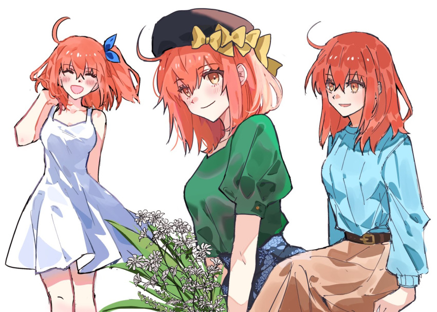 1girl ahoge appleale19 bare_legs bare_shoulders belt beret black_headwear blouse blue_bow blue_sweater blush bow breasts brown_belt brown_skirt closed_eyes closed_mouth dress fate/grand_order fate_(series) flower fujimaru_ritsuka_(female) green_shirt hair_between_eyes hair_bow hat long_sleeves looking_at_viewer open_mouth orange_eyes orange_hair ornament shirt short_hair sitting skirt small_breasts smile standing sweat sweater uvula white_background white_dress white_flower yellow_bow