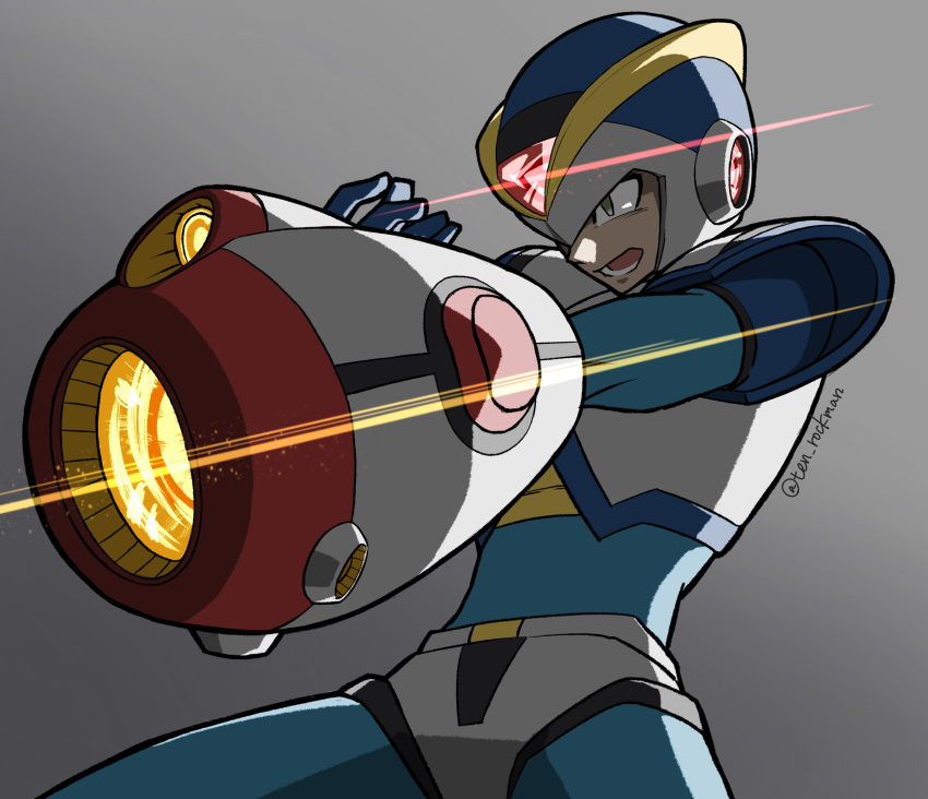 1boy absurdres angry arm_cannon armor attack blue_armor body_armor bodystocking boots clenched_hands codpiece fighting_stance forehead_jewel gauntlets gem glint gloves green_eyes helmet highres looking_to_the_side mega_man:_maverick_hunter_x mega_man_(series) mega_man_x_(series) official_alternate_costume open_mouth shoulder_armor simple_background teeth ten_(ten_rockman) weapon white_armor x_(mega_man) x_buster