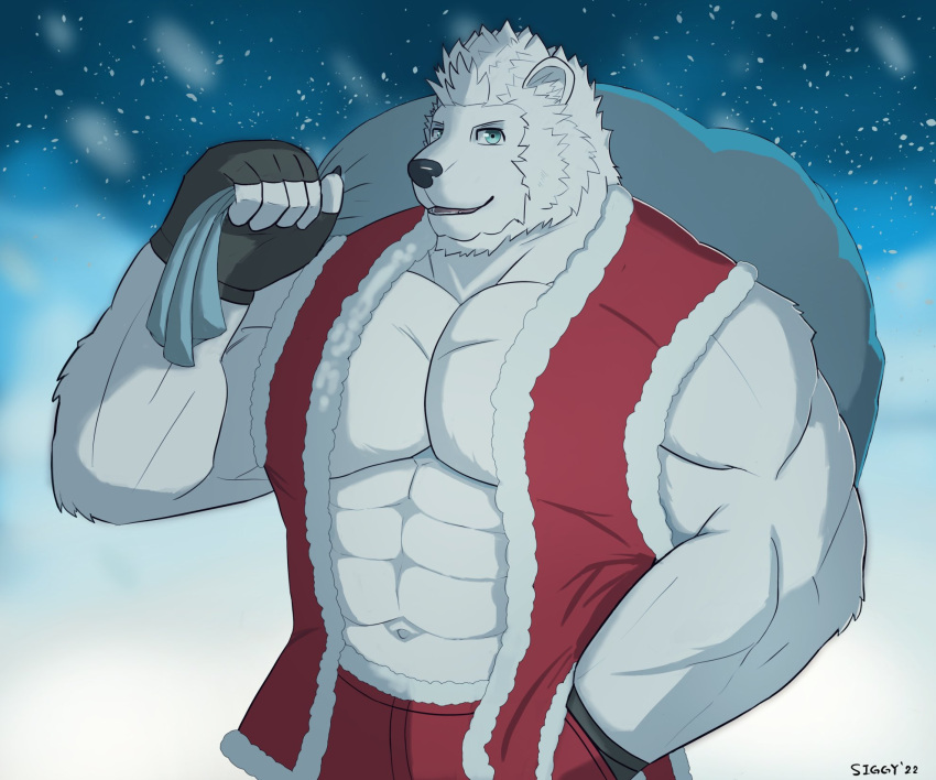 2022 abs anthro artist_name bear beard biceps blue_eyes bottomwear christmas clothing costume dated facial_hair fur fur_lined_bottomwear fur_lined_clothing hair hi_res holding_bag holidays ice male mammal muscular muscular_anthro muscular_male navel nicholas_briant pants pecs polar_bear red_bottomwear red_clothing red_pants red_topwear red_vest santa_costume sideburns snow snowing solo storiaxion topwear triceps ursine vest white_body white_fur white_hair