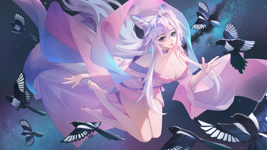 1girl absurdres animal_ears bare_shoulders barefoot bird breasts chinese_clothes choker cleavage fang flying fox_ears galaxy hair_between_eyes highres kirby_d_a large_breasts long_hair long_sleeves looking_at_viewer magpie milky_way open_mouth original soles solo star_(sky) white_hair wide_sleeves