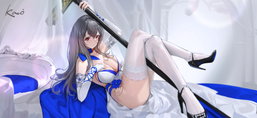 1girl azur_lane bare_shoulders black_footwear breasts cleavage cross dress elbow_gloves evening_gown from_side gloves grey_hair high_heels highres holding holding_cross lace-trimmed_legwear lace_trim large_breasts long_hair looking_at_viewer official_alternate_costume red_eyes saint-louis_(azur_lane) saint-louis_(holy_knight's_resplendence)_(azur_lane) shoes sleeveless sleeveless_dress solo thighhighs white_dress white_thighhighs zhifu3711
