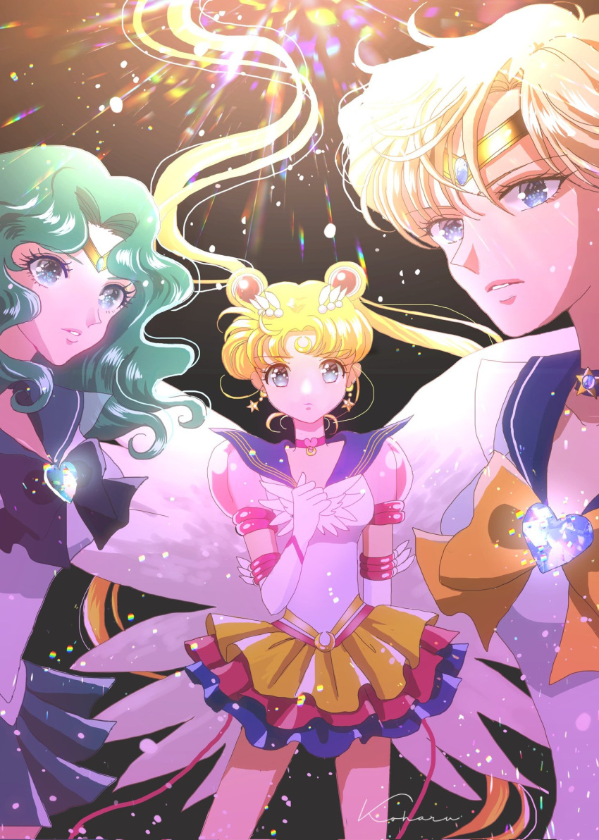 3girls aqua_hair bishoujo_senshi_sailor_moon blonde_hair blue_eyes blue_sailor_collar bow bowtie choker double_bun earrings elbow_gloves eternal_sailor_moon feathered_wings gloves hair_bun highres jewelry kaiou_michiru koharumichi long_hair looking_at_viewer medium_hair multiple_girls sailor_collar sailor_moon sailor_neptune sailor_senshi_uniform sailor_uranus short_hair signature skirt star_(symbol) star_earrings ten'ou_haruka tiara tsukino_usagi twintails wings