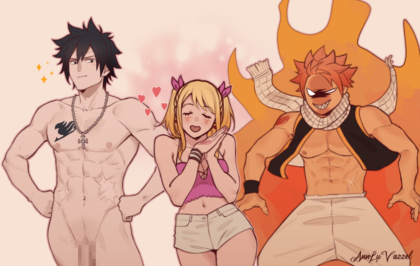 1girl 2boys abs absurdres annlu_vazzel artist_name aura bare_pectorals black_eyes black_hair blonde_hair breasts camisole censored chest_tattoo cleavage completely_nude cross cross_necklace fairy_tail flaccid gray_fullbuster grin hands_on_hips heart highres jewelry large_breasts lucy_heartfilia midriff mosaic_censoring multiple_boys muscular muscular_male natsu_dragneel navel necklace nude open_clothes open_vest pectorals penis pink_hair scar scar_on_stomach scarf sharp_teeth smile spaghetti_strap sparkle tattoo teeth two_side_up vest