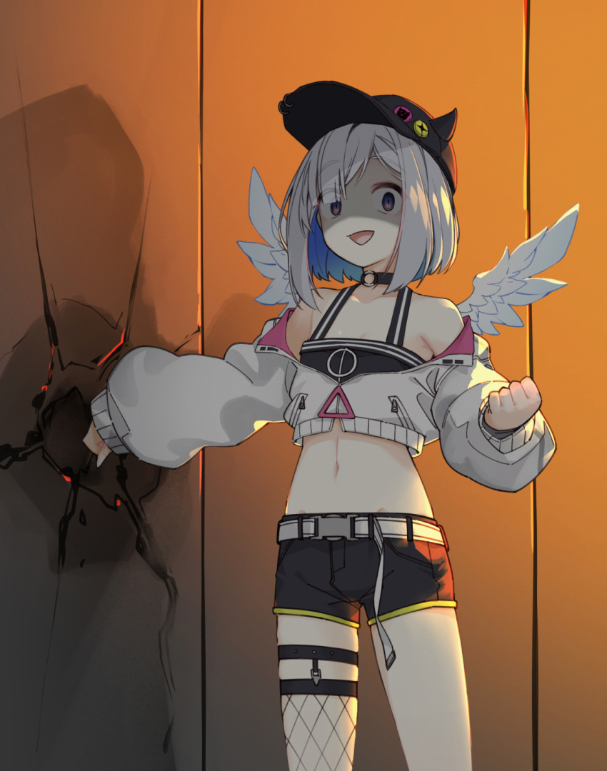 1girl amane_kanata angel_wings asymmetrical_bangs asymmetrical_hair asymmetrical_legwear baseball_cap belt black_choker black_headwear black_shorts black_tank_top blue_hair bob_cut breasts choker clenched_hands colored_inner_hair commentary_request cosplay cowboy_shot cracked_wall crazy_smile crop_top cropped_jacket empty_eyes evil_smile fake_horns feathered_wings fishnet_thighhighs fishnets grey_hair hair_over_one_eye hat highres hololive horned_headwear horns jacket long_sleeves midriff mini_wings multicolored_hair o-ring o-ring_choker off_shoulder open_mouth punching purple_eyes shaded_face short_hair short_shorts shorts single_garter single_hair_intake single_thighhigh small_breasts smile solo streaked_hair tank_top tenbin_gashira thighhighs tokoyami_towa tokoyami_towa_(cosplay) uneven_legwear virtual_youtuber white_jacket white_wings wings
