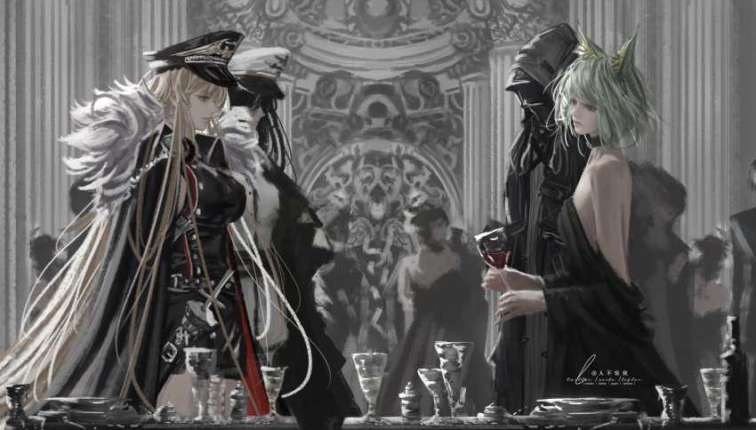 absurdres arknights azur_lane bismarck_(azur_lane) bismarck_zwei_(azur_lane) black_dress blonde_hair company_connection crossover cup doctor_(arknights) dress drinking_glass female_commander_(azur_lane) fengbuxiao green_hair hat highres kal'tsit_(arknights) lynx_ears military_uniform naval_uniform sword uniform weapon wine_glass yostar