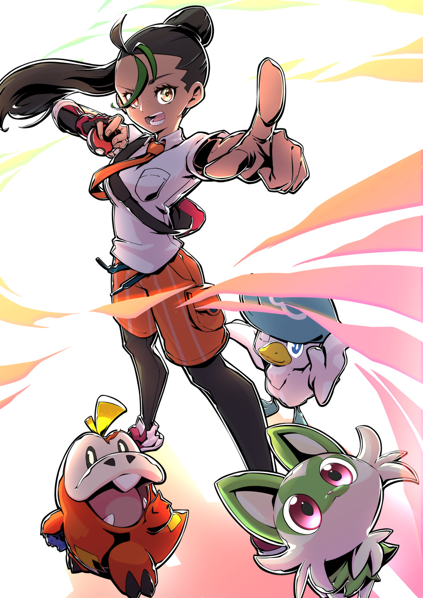 1girl :d absurdres black_bag black_hair black_leggings breast_pocket breasts brown_eyes collared_shirt commentary_request dark-skinned_female dark_skin floating_hair foreshortening freckles fuecoco full_body green_hair hair_pulled_back highres holding holding_poke_ball index_finger_raised kakashino_kakato leggings long_hair multicolored_hair naranja_academy_school_uniform necktie nemona_(pokemon) open_mouth orange_necktie orange_pants orange_shorts pants pocket pointing pointing_at_viewer poke_ball poke_ball_(basic) pokemon pokemon_(creature) pokemon_(game) pokemon_sv ponytail quaxly raised_eyebrows school_uniform shirt short_sleeves shorts small_breasts smile sprigatito standing starter_pokemon_trio streaked_hair striped striped_shorts two-tone_hair vertical-striped_shorts vertical_stripes white_background white_shirt