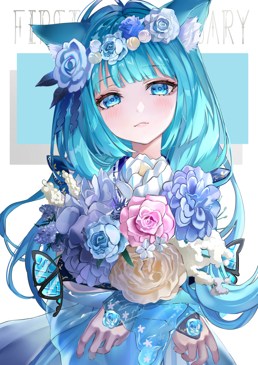 1girl absurdres ahoge animal_ear_fluff animal_ears aoi_mao_(vtuber) aqua_hair blue_eyes blue_flower blue_rose bouquet cat_ears cat_girl commission dress flower hair_flower hair_ornament head_wreath highres holding holding_bouquet indie_virtual_youtuber long_hair milestone_celebration pink_flower pink_rose piyokuma purple_flower rose skeb_commission solo white_flower yellow_flower yellow_rose