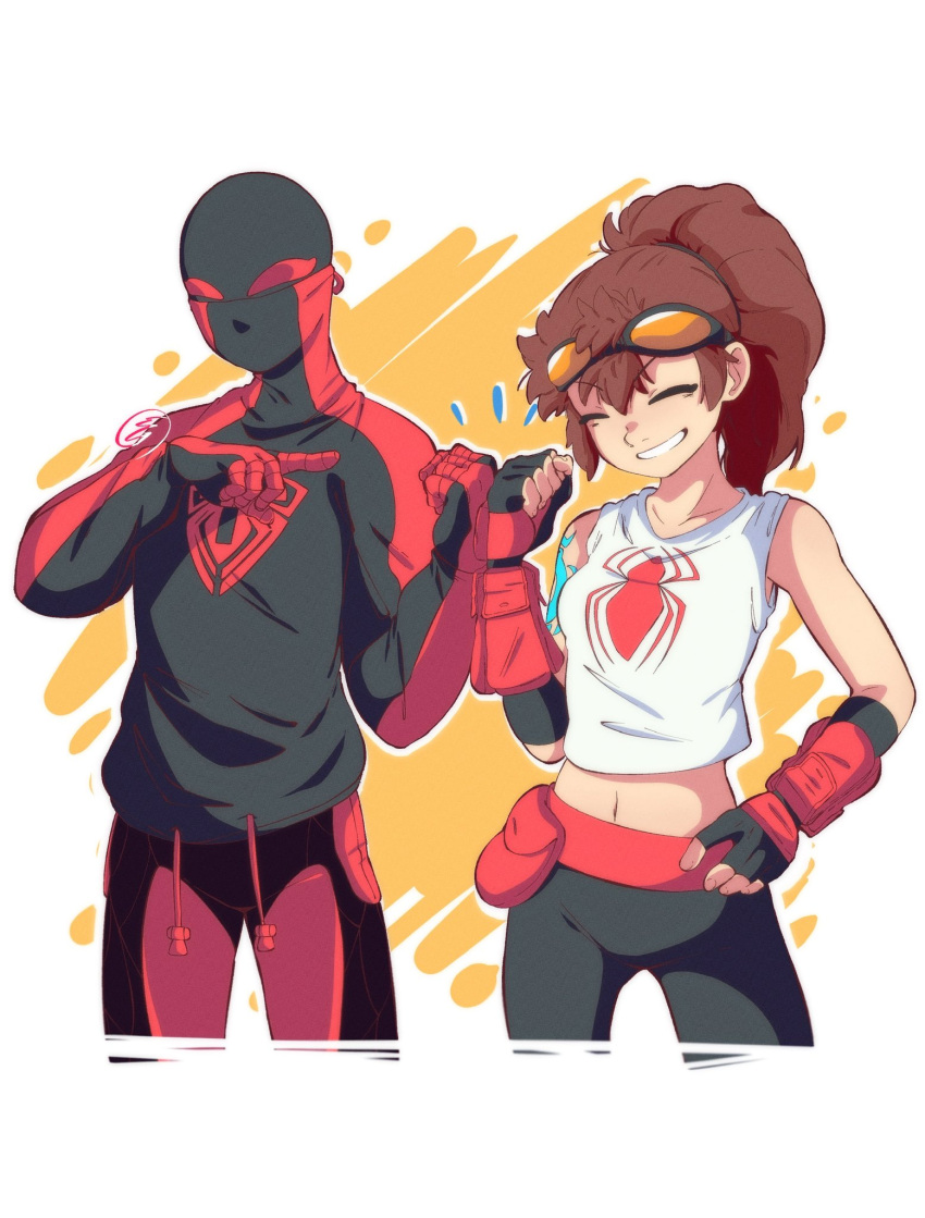 1boy 1girl animification anya_corazon arm_tattoo black_gloves black_pants black_sweater breasts clenched_hand drawstring english_commentary fingerless_gloves fist_bump gloves goggles goggles_on_head hair_behind_ear highres marvel mask midriff miles_morales pants parted_lips pointing ponytail red_gloves shirt sleeveless sleeveless_shirt small_breasts smile spider-girl spider-man_(miles_morales) spider-man_(series) sweater tattoo thejg white_shirt yoga_pants