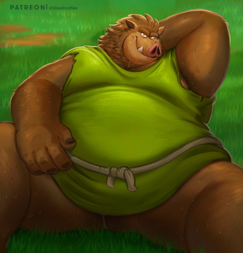 2023 4_fingers absurd_res anthro belly big_belly biped brown_body brown_fur clothed clothing dragon_quest fingers fur hi_res humanoid_hands male mammal obese obese_male orc_(dragon_quest) overweight overweight_male shibadoodles sitting solo square_enix suid suina sus_(pig) wild_boar