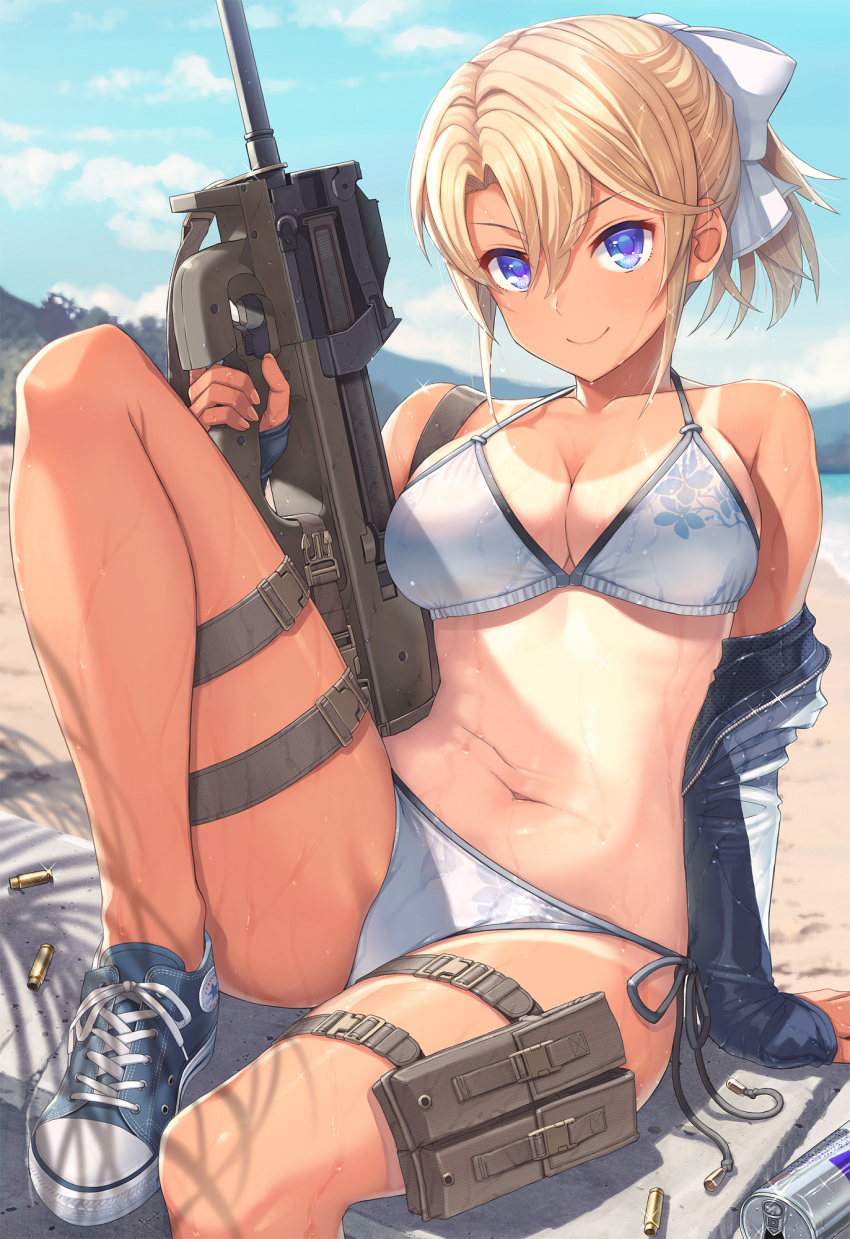 1girl bare_shoulders beach bikini blonde_girl_(itou) blonde_hair blue_eyes blue_footwear blue_jacket blue_sky breasts bullpup cleavage closed_mouth cloud collarbone commentary_request converse day gun halterneck highres itou_(onsoku_tassha) jacket looking_at_viewer medium_breasts navel original outdoors p90 parted_bangs red_bull shadow shell_casing shoes side-tie_bikini_bottom sidelocks sitting sky smile sneakers solo stomach string_bikini submachine_gun sweat swimsuit tan thighs weapon white_bikini