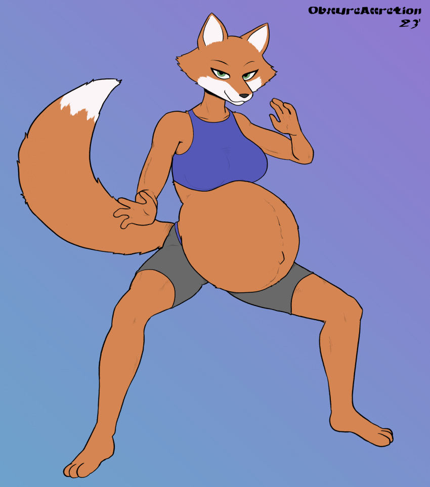 2023 4_fingers 4_toes anthro barefoot belly big_belly black_nose bottomwear breasts brutal_paws_of_fury canid canine clothed clothing dweevil feet female fingers fox foxy_roxy fur hi_res hindpaw humanoid_hands mammal multicolored_body multicolored_fur navel outie_navel paws pregnant pregnant_female red_body red_fur shorts signature solo standing toes two_tone_body two_tone_fur white_body white_fur