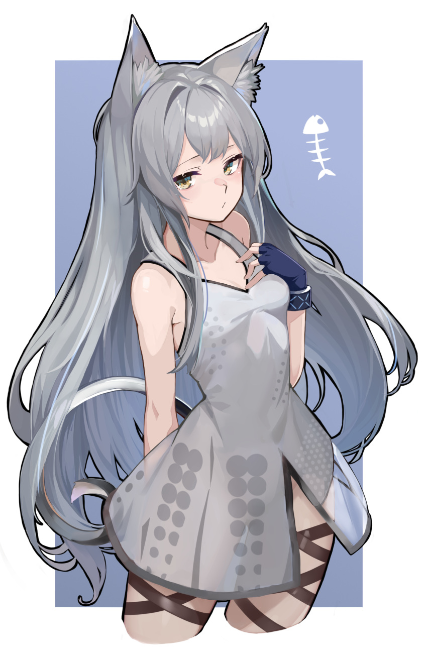 1girl animal_ears arknights blue_background blue_gloves breasts cat_ears cat_girl cat_tail cleavage cowboy_shot cropped_legs dress fingerless_gloves gloves green_eyes grey_hair groin hand_on_own_chest hand_up highres idashige_(walkietalkie) infection_monitor_(arknights) long_hair looking_at_viewer rosmontis_(arknights) see-through see-through_dress simple_background small_breasts solo tail thigh_strap thighs very_long_hair white_dress