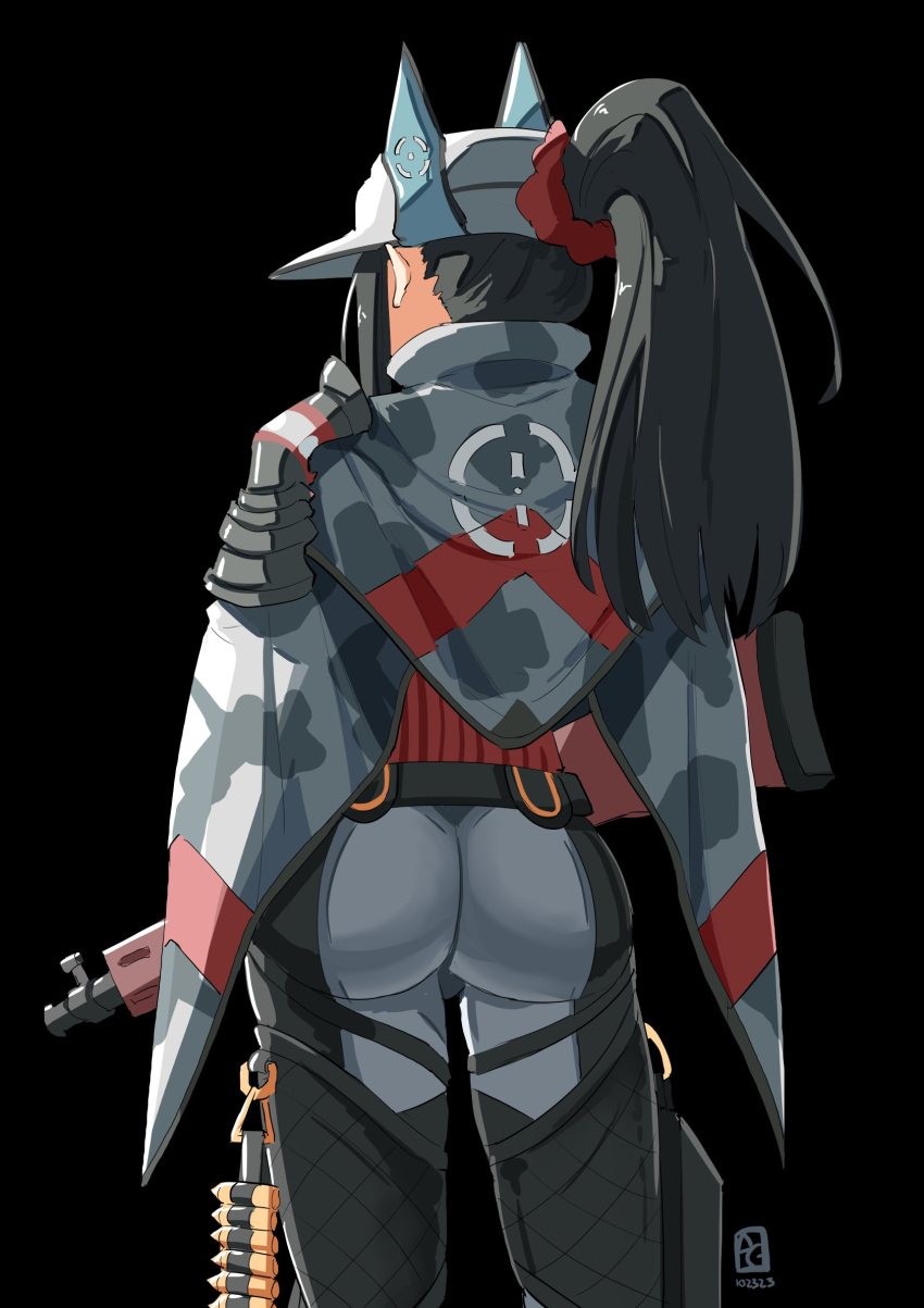 1girl ammunition ass automatic_giraffe back black_hair camouflage cloak from_behind gun hat highres holding holding_gun holding_weapon kai_schren long_hair military_uniform pants ponytail red_scrunchie scrunchie senjou_no_valkyria_(series) senjou_no_valkyria_4 uniform weapon