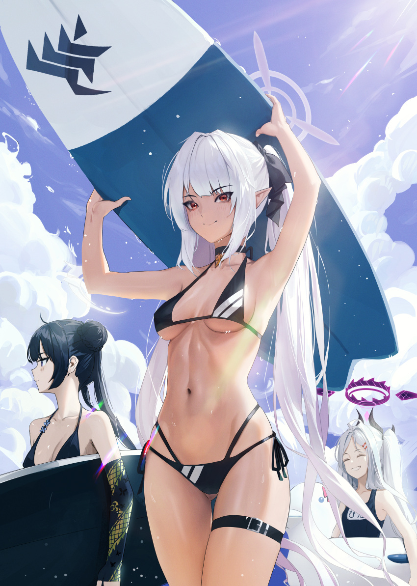 3girls absurdres armpits ass_visible_through_thighs bikini black_bikini black_hair blue_archive blue_one-piece_swimsuit breasts breasts_apart closed_eyes closed_mouth collarbone cowboy_shot day demon_horns elbow_gloves fieryonion fingerless_gloves gloves hair_bun hair_ornament hairclip halo highres hina_(blue_archive) hina_(swimsuit)_(blue_archive) holding holding_surfboard horns iori_(blue_archive) iori_(swimsuit)_(blue_archive) kisaki_(blue_archive) layered_bikini lifebuoy looking_afar multiple_girls official_alternate_costume one-piece_swimsuit outdoors red_eyes side-tie_bikini_bottom sidelocks surfboard sweat swimsuit thigh_strap twintails white_hair