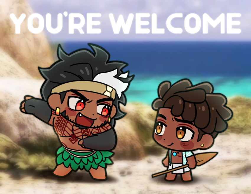 2boys :d alternate_facial_hair baptiste_(overwatch) bara beach black_hair blush blush_stickers chest_tattoo chibi couple dark-skinned_male dark_skin dreadlocks elbow_gloves english_text facial_hair fang fang_out full_beard full_body gloves happy headband male_focus mature_male mauga_(overwatch) multiple_boys muscular muscular_male mustache overwatch overwatch_2 pectorals red_eyes shoulder_tattoo size_difference smile standing tattoo thick_eyebrows thre_shar topless_male undercut v-shaped_eyebrows yaoi